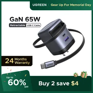 UGREEN Nexode 65W Charger with Retractable USB-C Cable International Warranty Smart Power Allocation 8-Safeguard Protection for Apple Android Devices,tiktokshopmemorialday