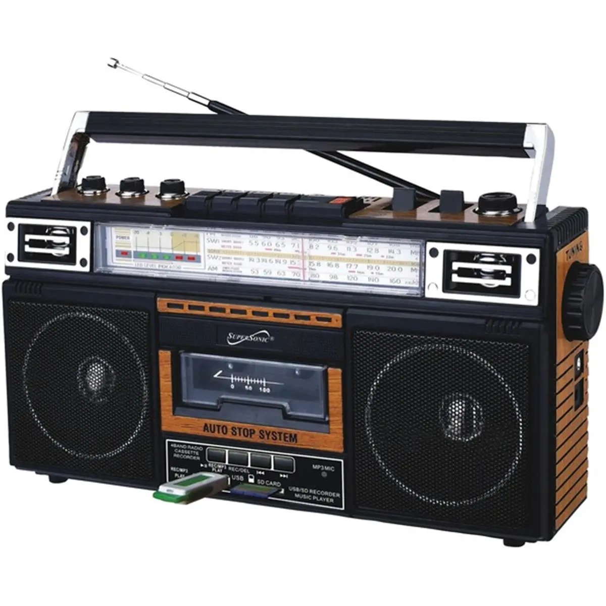 212 MAIN Supersonic Retro Portable Radio Cassette Player, White with Wood Accents, Bluetooth, AM/FM, Cassette to MP3 Converter, USB/SD Card Slot