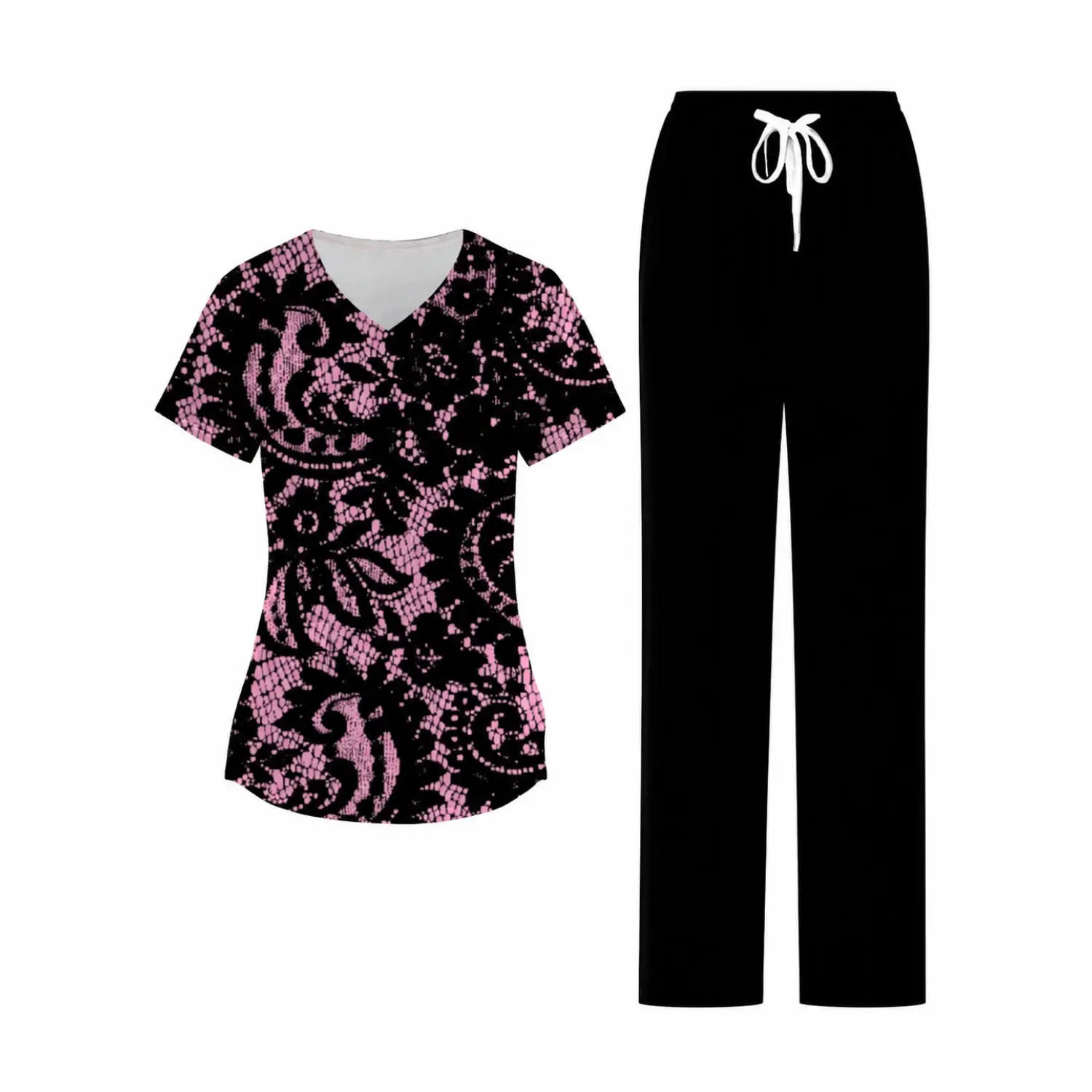 Black Pink Lace Print V-Neck Short Sleeve Scrub Top with Matching Drawstring Pant Nurse Uniform Set Fit Everyday