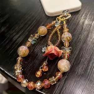 Elegant crystal orange-red glass beaded rose flower phone chain for women, keychain, phone pendant, anti-loss popular item