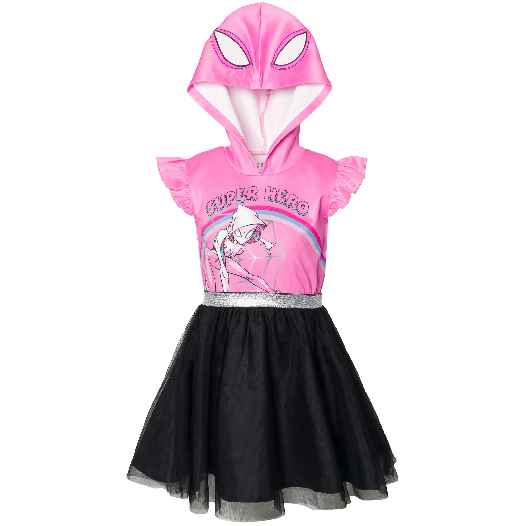 Marvel Ghost-Spider Girls' Hooded Neck Cosplay Wear Tutu Dress with Spider Print Tulle Skirt Overlay, Ghost Pink, Toddler to Big Kid