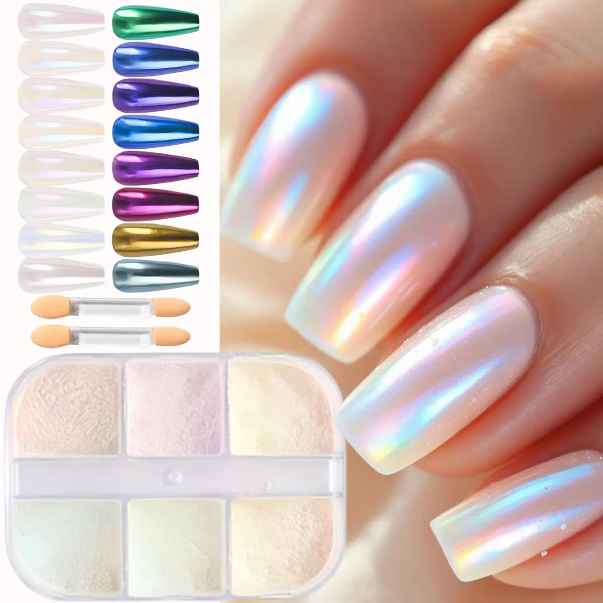6-Grids Unisex Iridescent Pearl Aurora Nail Chrome Pigment - Glamorous White, Purple, Blue Light Mirror Effect Glitter Powder for Mermaid Effect Manicure Design