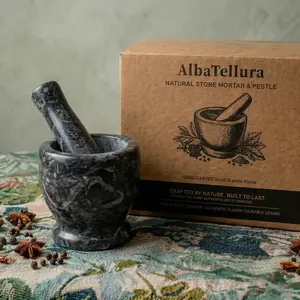Natural Marble Grinding Mortar and Pestle Set, Kitchen Seasoning Utensil with Minor Texture Variations, Slight Cosmetic Imperfections, and Unique Natural Whetstone Characteristics