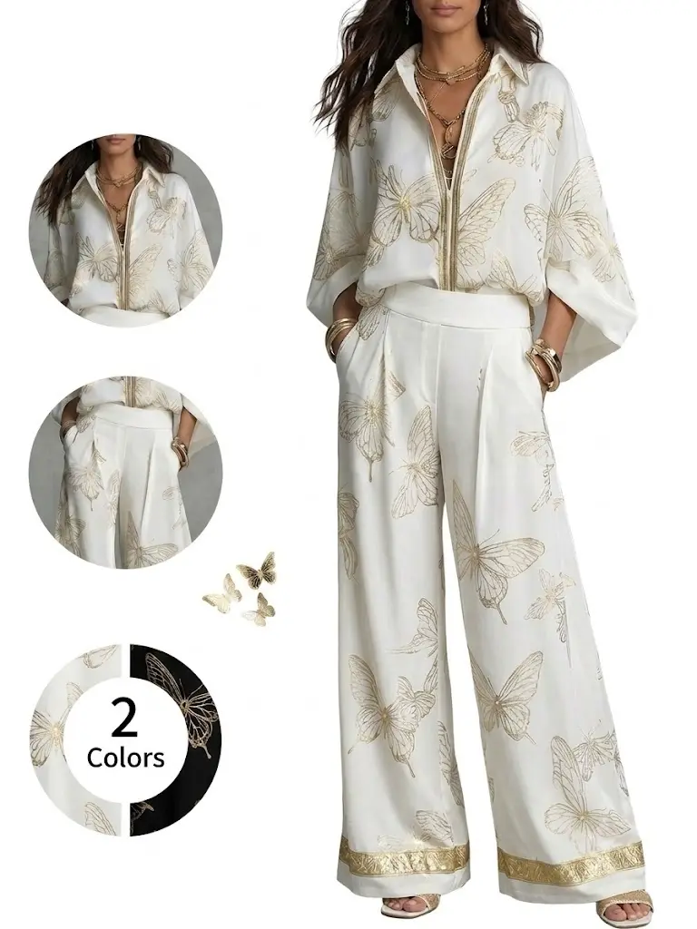 Women's 2-Piece Smooth Butterfly Print Matching Set - Loose Kimono Sleeve Blouse, Flowy Wide Leg Pants | Fall Fashion, Resortwear, Shirt