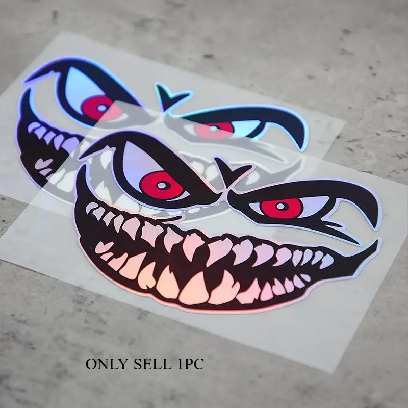 1PC Mysterious Dark Holographic Logo Sticker Decal, Hologram Stickers, on motorcycle fuel tanks, ferocious eye & tooth decor has cool vibe, used as trendy decoration