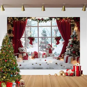 Christmas Themed Window Pattern Backdrop,  Winter Holiday Party Decoration, Festive Backdrop for Home Living Room Bedroom Kitchen Decor
