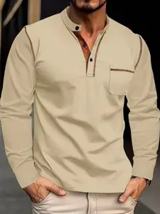 fall outfits Men's spring, autumn and winter stand-up collar long-sleeved T-shirt Henry shirt, simple color contrast decoration, casual and fashionable, comfortable and skin-friendly, suitable for daily outings, leisure and commuting