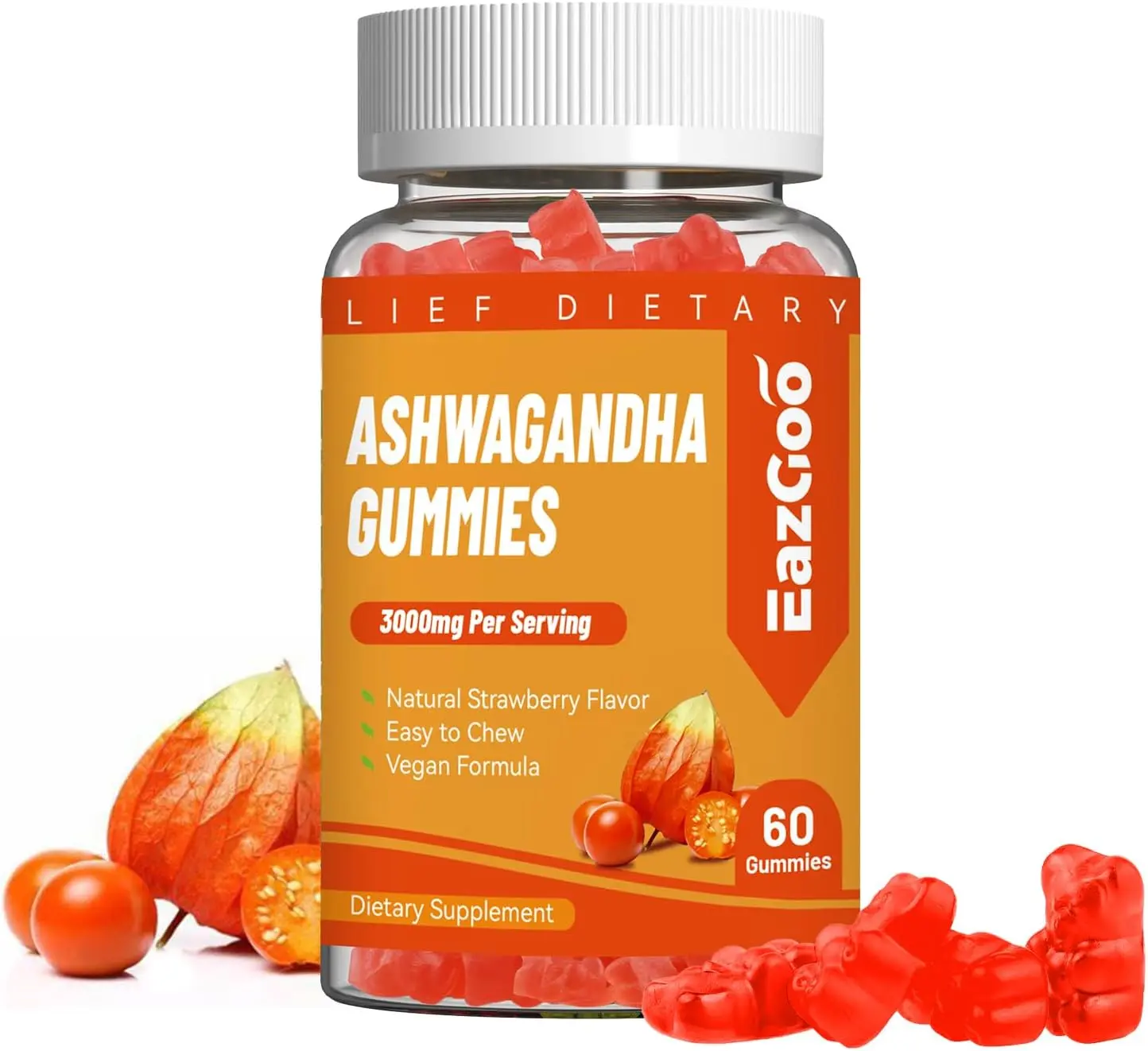 Chewable Ashwagandha & Vitamin D3 Dietary Supplement for Adults, 3000mg Per Serving Naturally Derived Ashwagandha Root Extract, Boosts Energy, Immune Support, Non-GMO, Strawberry Flavor, 60 Pieces