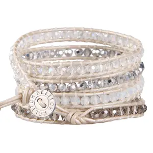 KELITCH Leather 5 Wrap Bracelets Crystal Beaded Bracelets Minimalist Classic Faceted Beads Strand Bracelets