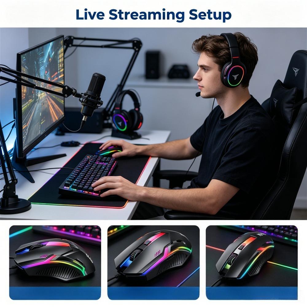 Wired Ergonomic E-Sports Gaming Mouse - USB Plug-and-Play, Rainbow Lights, Anti-Slip Grip Roller, Gaming PC Accessories, Gamer Stuff, PC Accessories for Laptop & Indoor Gaming Recreation