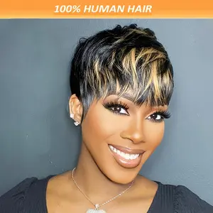 Hot Sell NEW Arrivals New 1B/27 Multicolor Short Pixie Cut Wig with Bangs for Women Straight Virgin Human Hair Layered Wigs Black, Burgundy & Honey Blonde Natural Mixed Cosplay Halloween