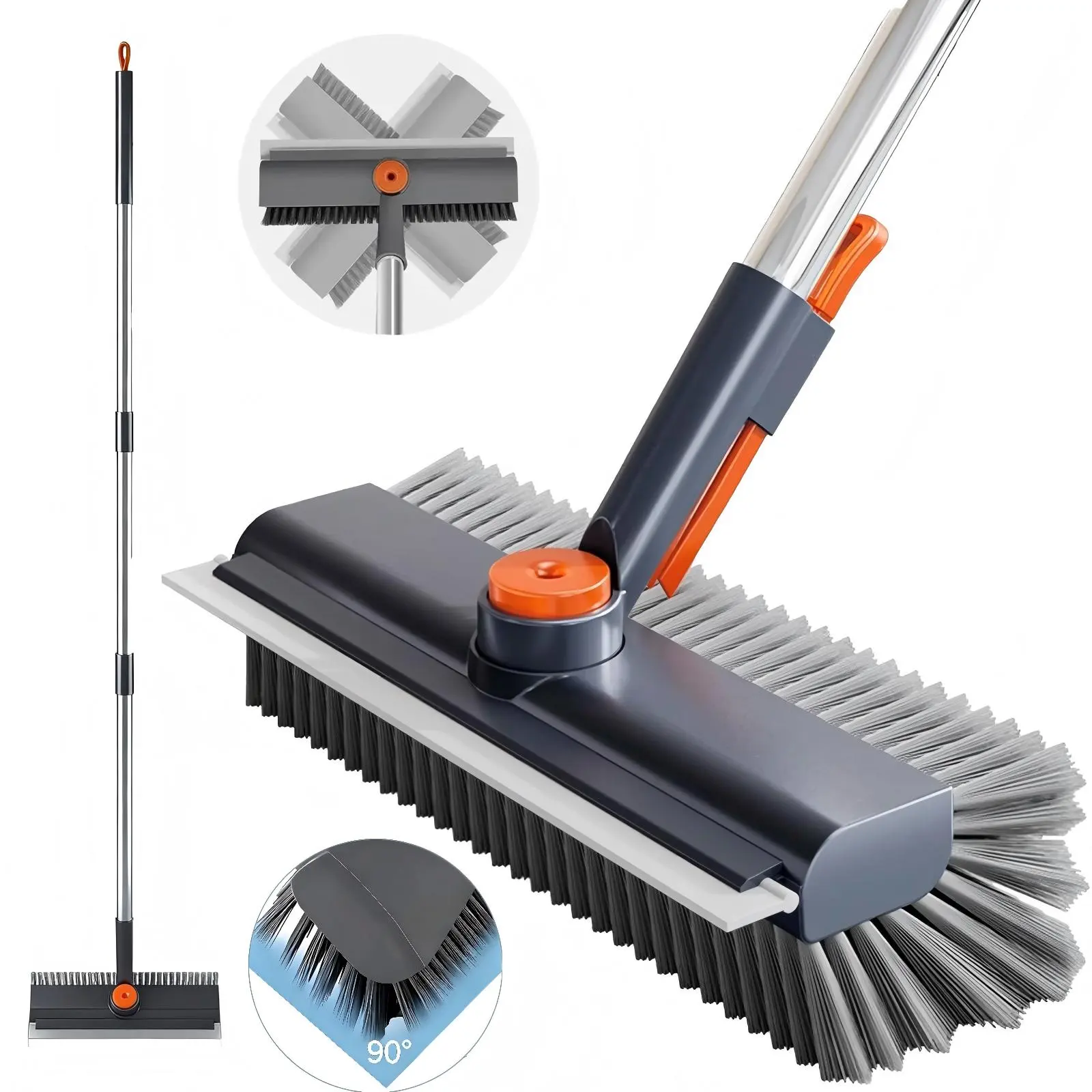 3-in-1 Plastic Long-Reach Handle Floor Scrub Brush, Heavy-Duty Stiff Bristle Multifunctional Scrubber with Scraper, Household Pet & Reptile Cleaning Tool for Bathroom, Patio, Gift Essential Supplies