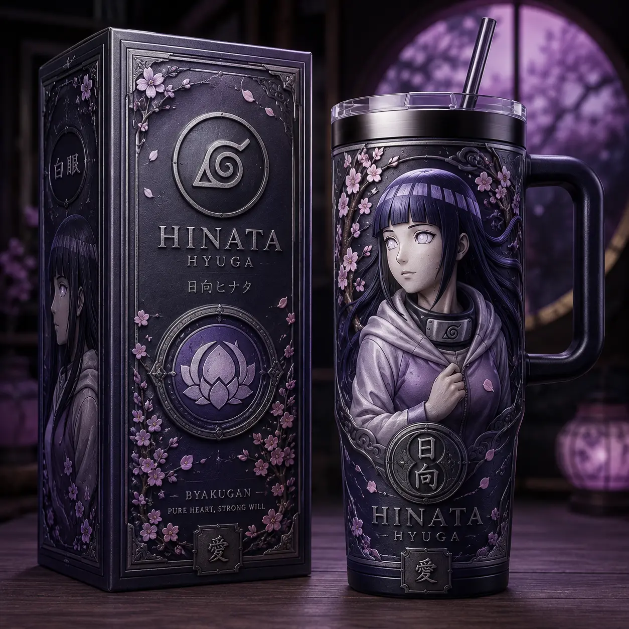 [Kitsune Archive] Hinata Hyuga 40oz Tumbler With Handle & Straw, Hinata Anime Cup, Hyuga Clan Graphic Travel Mug, Byakugan Inspired Insulated Water Tumbler, Hidden Leaf Ninja Fan Gift, Manga Drinkware