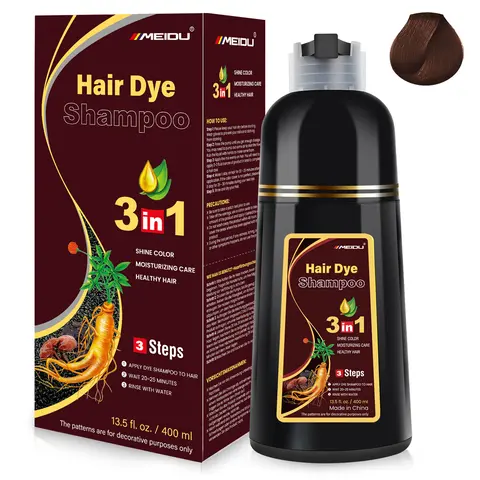 MEIDU 3-in-1 Dark Brown Herbal Ginseng Hair Dye Shampoo - 400ml, Gentle Plant-Based Dye, Semi-Permanent Natural Color, Grey Hair Coverage, Root Touch Up, Gray Darkening, Easy Apply & Rinse, Root Touch Up Hair Color