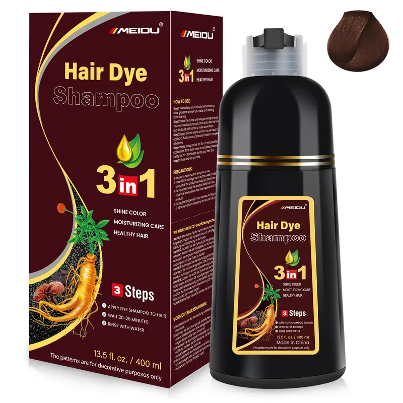 MEIDU 3-in-1 Dark Brown Herbal Ginseng Hair Dye Shampoo - 400ml, Gentle Plant-Based Dye, Semi-Permanent Natural Color, Grey Hair Coverage, Root Touch Up, Gray Darkening, Easy Apply & Rinse, Root Touch Up Hair Color