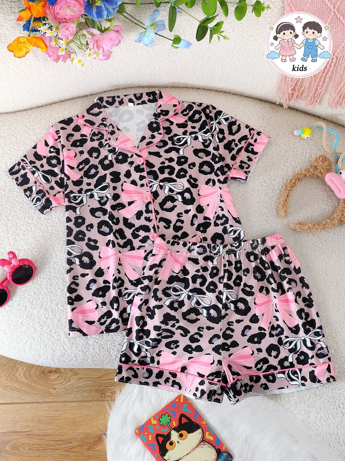 2-Piece Summer Kids Pajama Set, Button Front Short Sleeve Cardigan & Elastic Shorts, Soft Fabric, Leopard Bow Print, Casual Home Wear, Summer Pjs, Sleepwear For Summer
