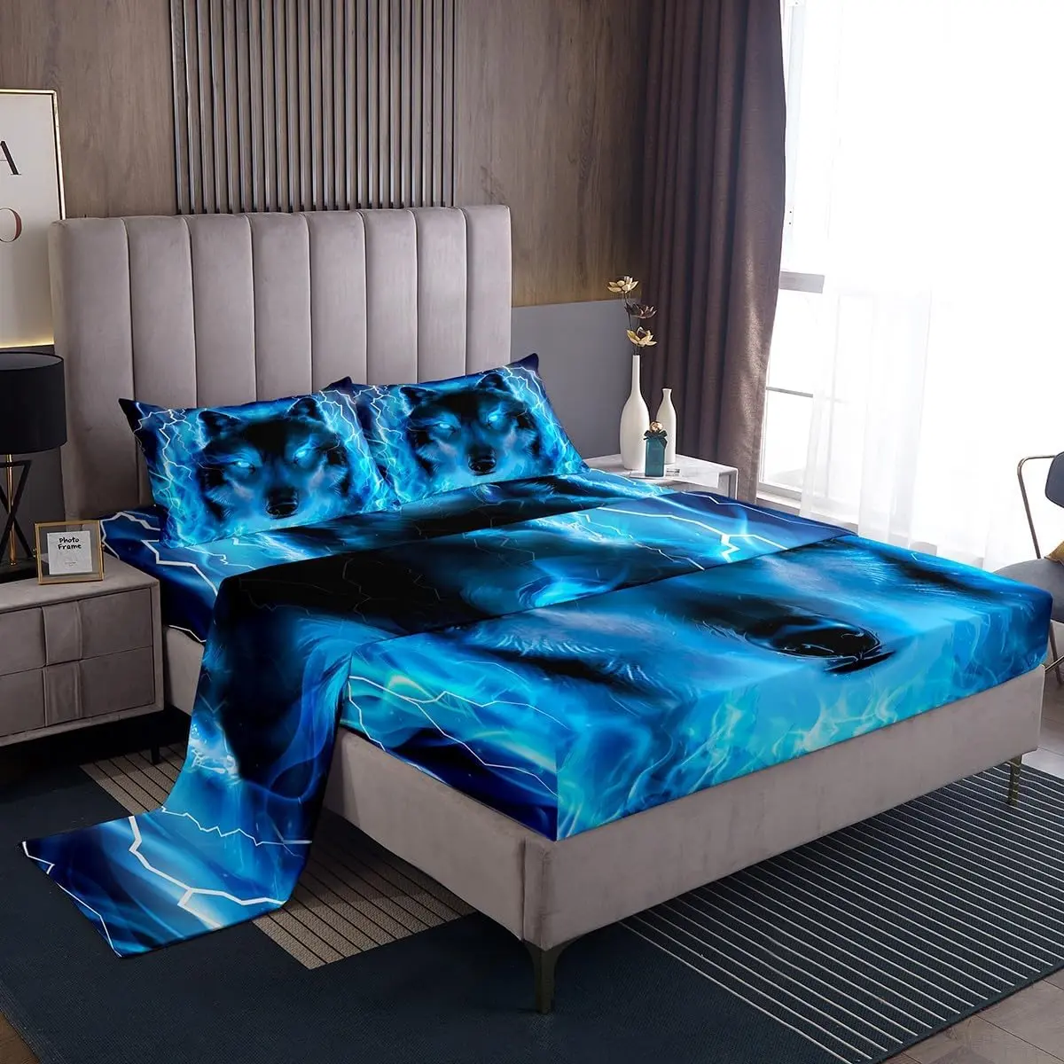 Feelyou Comfy Microfibre Wolf Bed Sheet Set - Durable Safari Animals Bedding, Wildlife Theme Fitted Sheets, Lightweight Breathable Blue King Bedroom Cover, Machine Washable, Comfy Bedding Sets