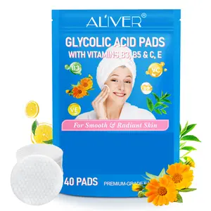 ALIVER Glycolic Acid Pads with Vitamins B3 B5 C & E for Smooth Radiant Skin 40 Premium Grade Pads for 21-Day Transformation