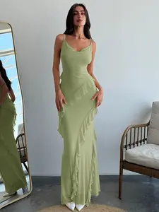 Women's Light Blue Cowl Neck Maxi Dress, Spaghetti Strap Ruffle Trim Bodycon Dress, Elegant Feminine Chic Summer Formal Wear & Wedding Guest Gown