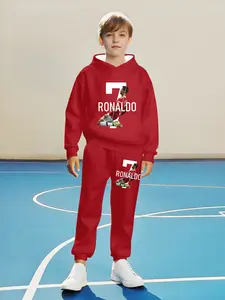 Boys' C Ronaldo 3D Digital Print Hoodie Casual Set, Hoodies, 95% Polyester Fabric, Spring & Fall Outdoor Sports Essential, Perfect Birthday Gift