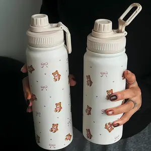Bear Pattern Stainless Steel Vacuum Insulated Flask, 1 Count/2 Counts 600ML/800ML/1000ML Water Bottle, Leakproof Insulated Tumbler, Portable Drinking Cup for Outdoor Sports, Gift for Friend & Family, Drinkware