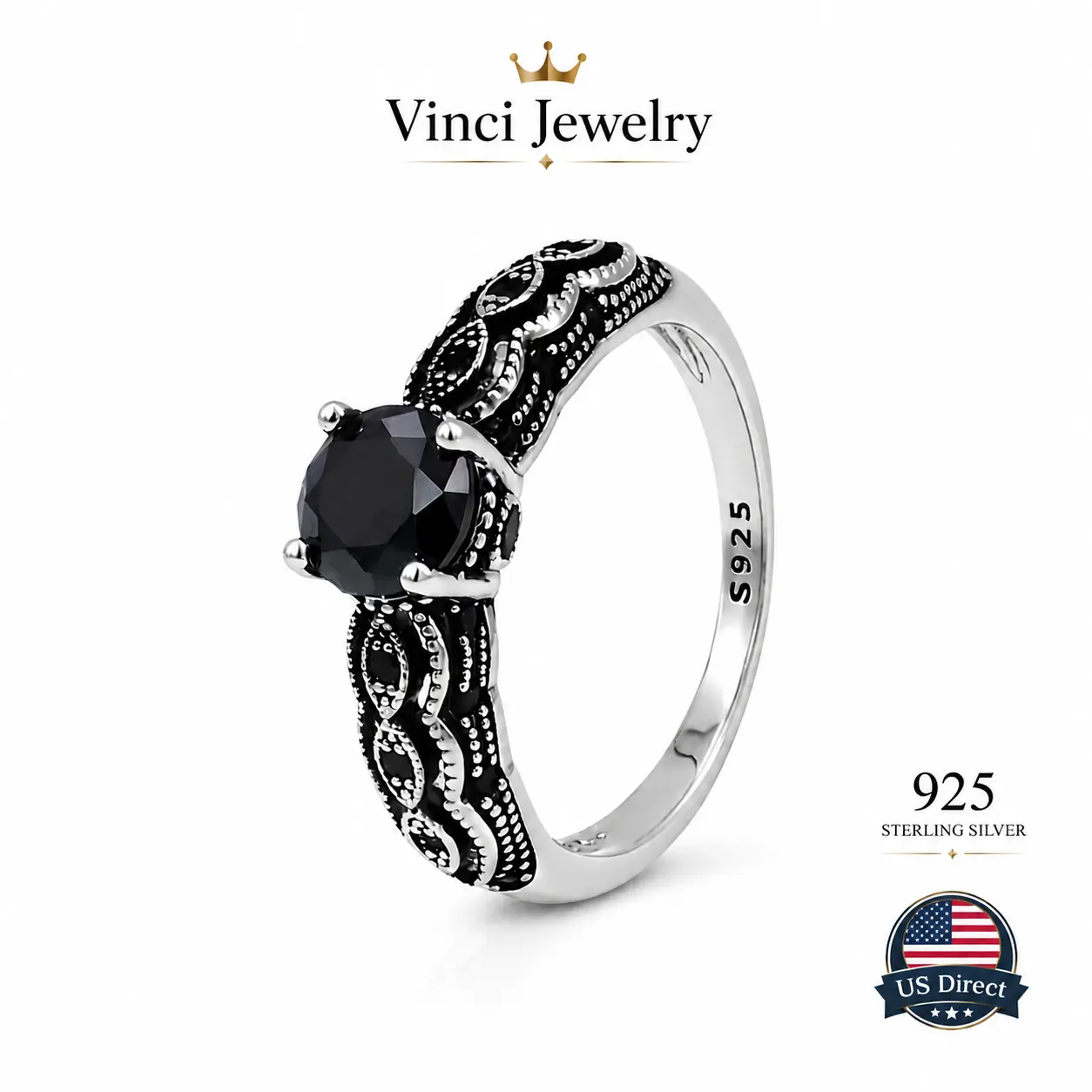 Vinci S925 Sterling Silver Vintage Black Synthetic Obsidian Ring with Filigree Design for Men and Women Everyday Wear, Energy Crystal Ring Perfect for Birthday Party Statement Gift/Unique Ring/Daily Armor Ring