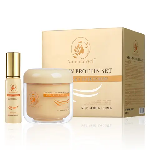 Aomimegel Cruelty-Free Haircare Collagen Leave-On Mask + Serum Set - 500ml Repair Hydrating Mask, 60ml Argan Oil Serum for Adults' Dry Curly Hair Routine - Boost Moisture, Smooth, Restore Treatment (Hair Products)