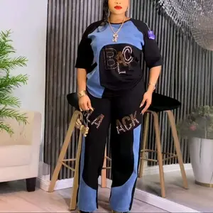 Women's Two-Piece Set with Blue and Black Contrast Sequin Letter Design Top and Matching Pants