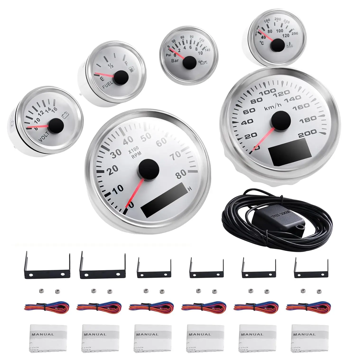 Universal 6 Gauge Kit w/GPS Speedometer, Waterproof Oil Level Digital Odometer Speedometer, 6 Gauges Set for Car Marine Boat Truck Yacht Waterproof (White)