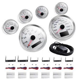 Universal 6 Gauge Kit w/GPS Speedometer, Waterproof Oil Level Digital Odometer Speedometer, 6 Gauges Set for Car Marine Boat Truck Yacht Waterproof (White)