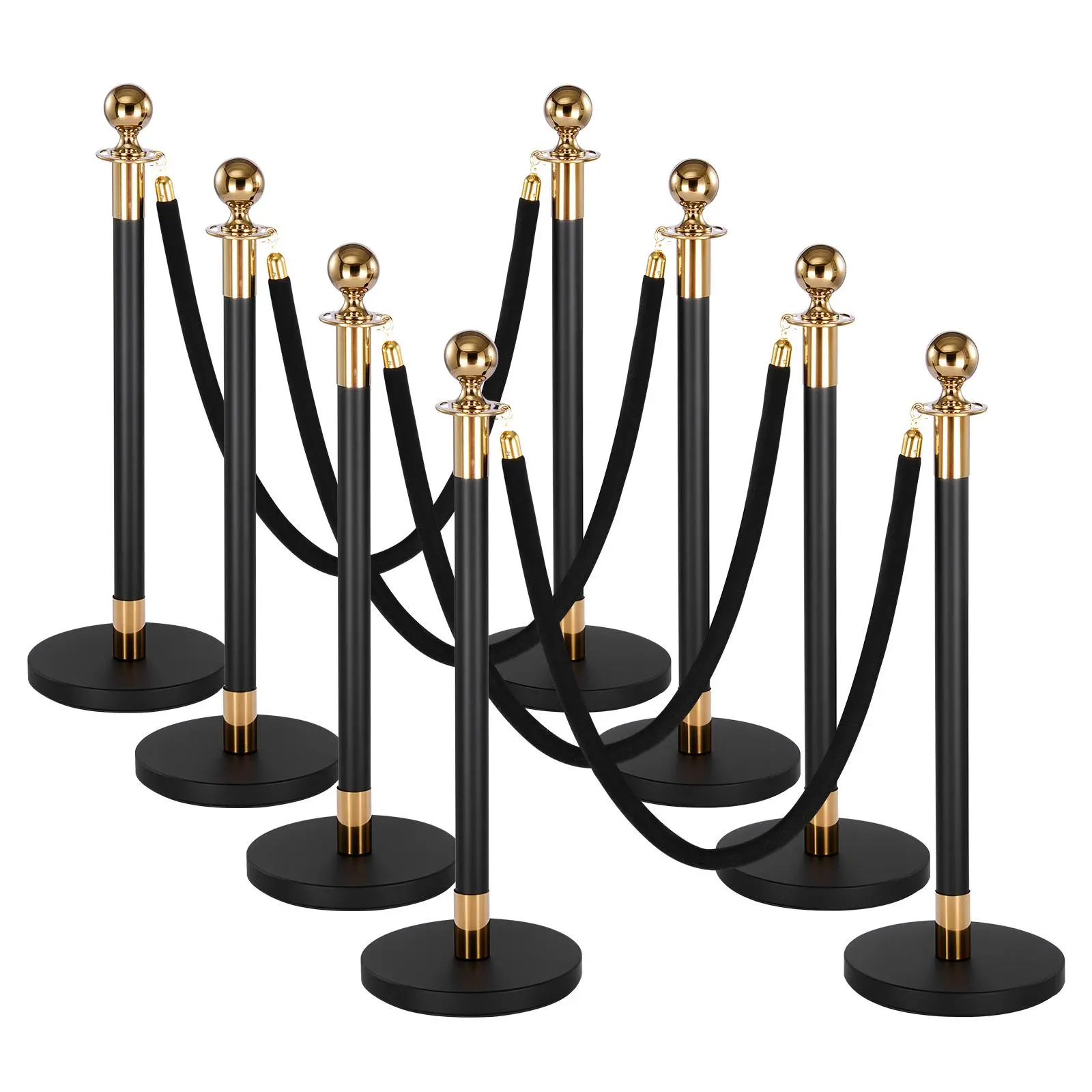 VEVOR Heavy-Duty Metal Stanchion Post Set - 8 Stainless Steel Posts, 6 Velvet Ropes Incl, 4-Way Rope Adapter, Rubber-Lined Hollow Base, Stable Sand/Water Fillable, Easy Install Crowd Control for Event, Ceremony