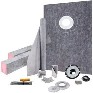 Waterproofing Shower Curb Kit, 38x60 Overlay with 4 ABS Plastic Offset Flanges, 4 Stainless Steel Grates, 2 Cuttable Curbs, Trowel & Shower Pan Slope Sticks, Bathroom Renovation Hand Tool Kit