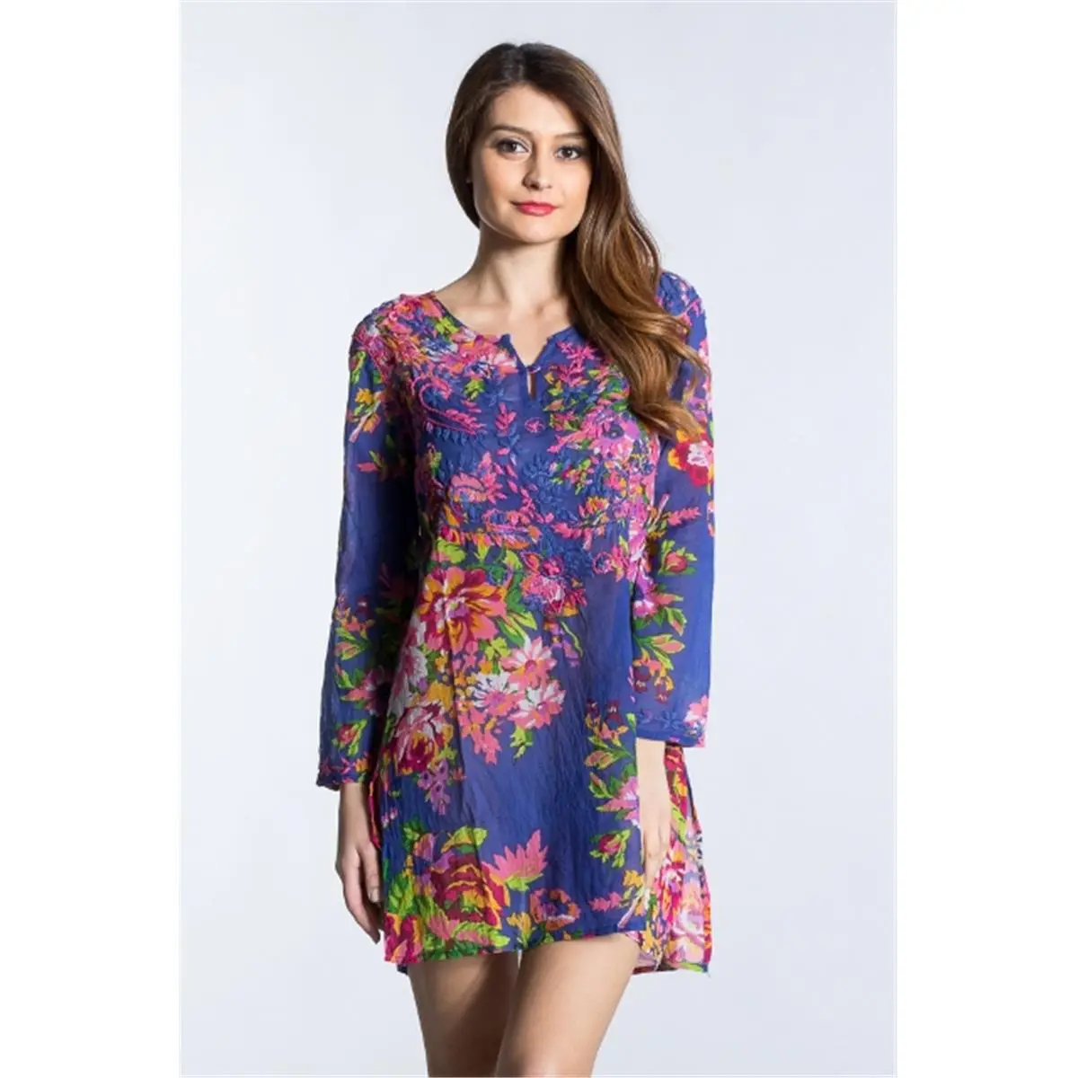 SOL Women's Modest Cotton Long-Sleeve Tunic Top - Floral Embroidered, All-Over Print, Casual, Comfortable, Blue, Large - Islamic Modest Clothes (Compatible with Pants, Leggings), Elegant