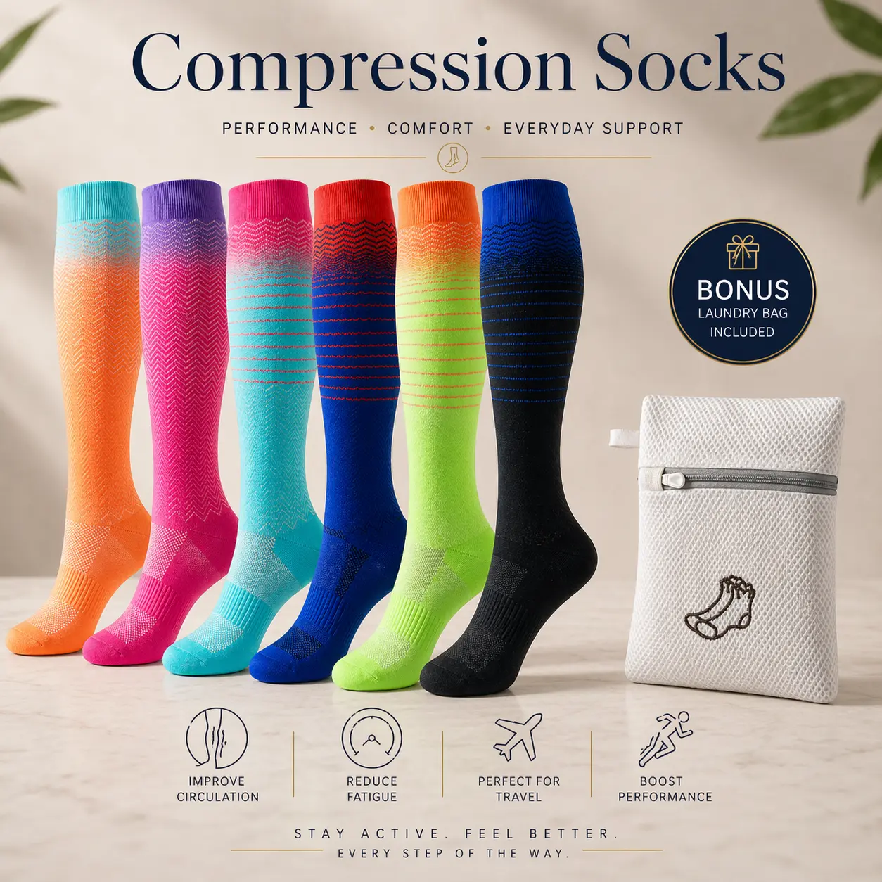 Women's 6-Pack Elite Polyester Athletic Compression Socks (15-20mmHg) - Knee-High Sports Fit Running Gear, Breathable Mesh, Seamless Toe Box, All Season, Machine Wash, Reduce Muscle Fatigue, Free Wash Bag