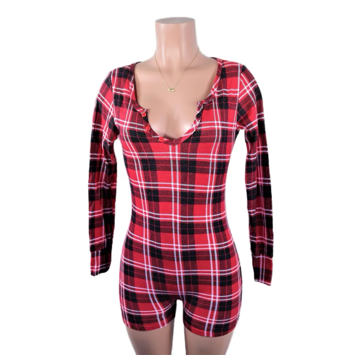 Women's Xmas Suit Bodysuits in Plaid Pattern for Christmas - Long Sleeve