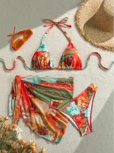 Three-Piece Set Women's All Over Print Bikinis Set, Ruffle Trim Halter Tie Back Triangle Bikini Top & Thong & Sheer Tie Side Cover Up Skirt Swimwear Set for Beach, Women's Swimsuit for Summer, Flower Print Bikini, Bikini Sets