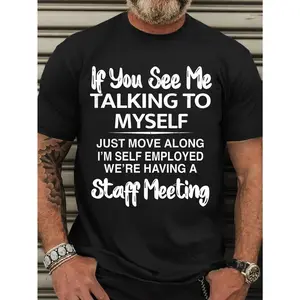 Plus Size Men's Short Sleeve Round Neck Graphic Tshirt - "If You See Me Talking to Myself" Print, Casual Sports Tops for Summer Outdoor Activities
