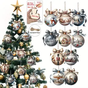 10pcs Elegant Christmas Ball Wooden Ornaments, Perfect Party Decorations, Home Decor Ornaments, Holiday Decor, Tree Hanging Accessories, 2D Flat Design