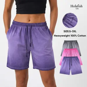 Holafish Vintage Washed Women's Soft Breathable Cotton Garment Washed Shorts Relaxed Fit Casual Drawstring Shorts for Home Lounge, Beach Trips, Streetwear Outfits and Weekend Errands
