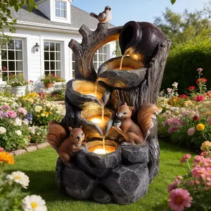 30.12" H Squirrel Tree Stump Water Fountain with LED Lights, 5-Tier Cascading Resin Waterfall Feature, Indoor Outdoor Rustic Fountain for Garden Patio Yard Porch Home Decor