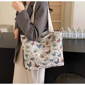 Fashionable Embroidery Butterfly Floral Pattern Shoulder Bag for Women ,Reusable Tote Bag for Shopping Picnic Work Beach,With Zip Commuter Tote Bag