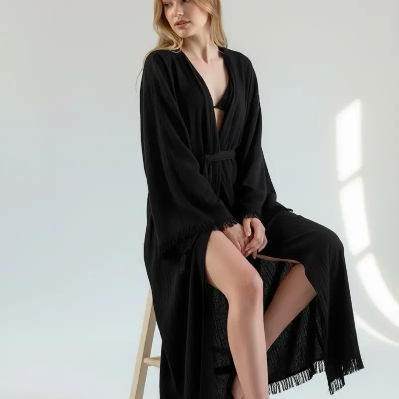Women Black Turkish Cotton Kimono Robe, House Coat 100% Cotton Womenswear Gowns Loungewear Nightwear Lady Basic Minimalist Vneck Breathable Comfort Lightweight machine washable bathrobes & dressing gowns elegant comfy s