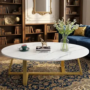 Modern Oval Faux Marble Coffee Table with Gold Metal Legs, Waterproof Scratch Resistant MDF Center Tea Table, Minimalist Stylish End Table for Living Room Small Space Home Household Decoration