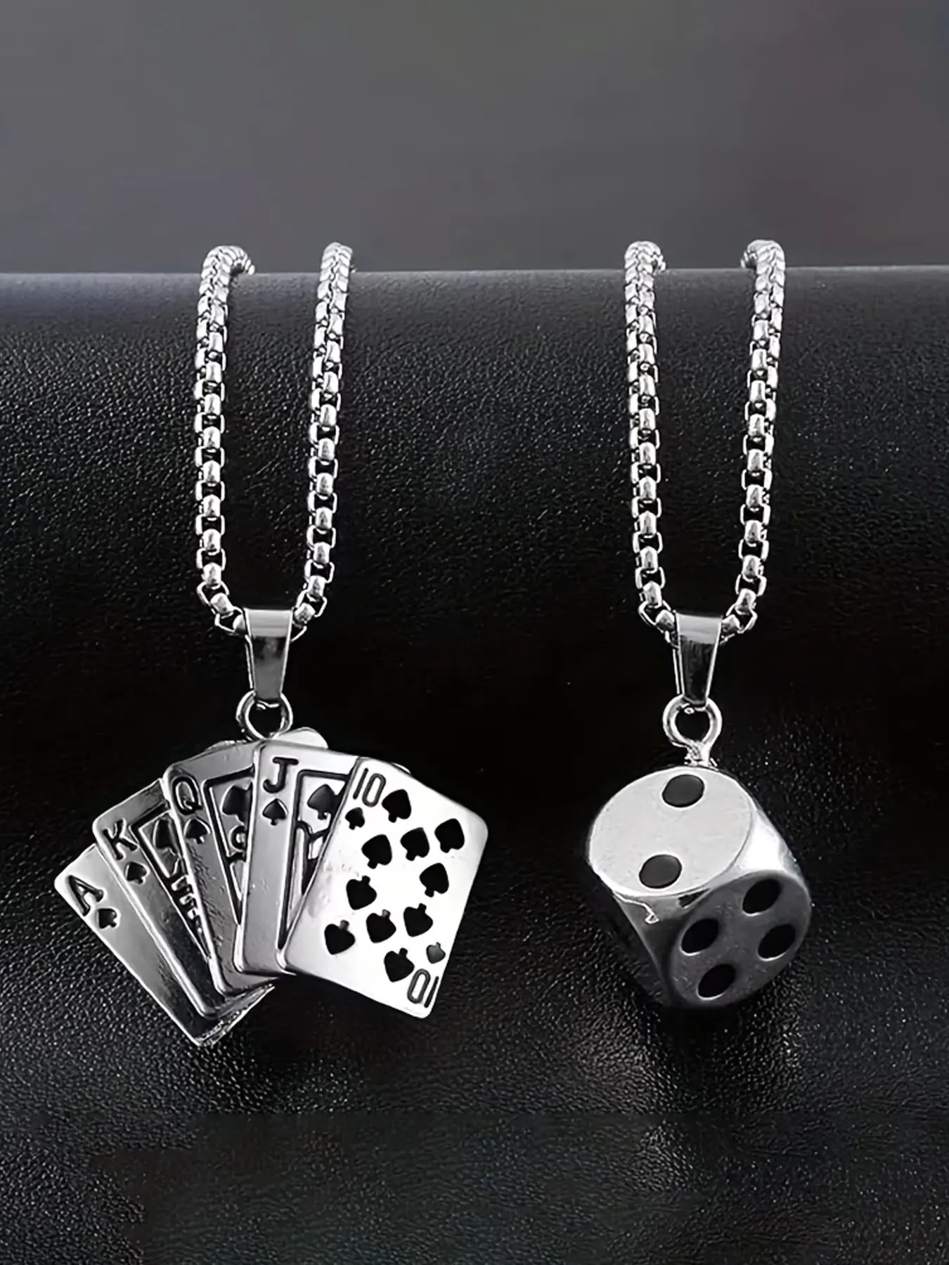 Men's Poker Pendant Set, Diamond Flush Necklace & Dice Charm, Hip Hop Couple Jewelry, Fashion Cool Accessories, Sweater Chain, Costume Necklaces