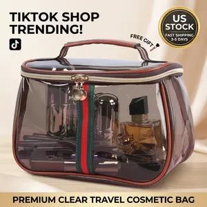 Vintage Clear Makeup Bag Large CapacityWaterproof PVC Cosmetic Organizer withHandle, Retro Striped Toiletry Pouch forWomen Travel Essentials
