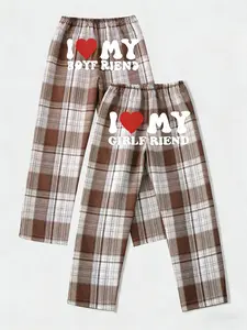 Couples Pajama Pants for Boyfriend & Girlfriend – I Love My Partner Print Plaid PJs, Soft Casual Loungewear for Him & Her, Matching Couple Sleepwear Set for Valentines, Anniversary & Daily Cozy Nights