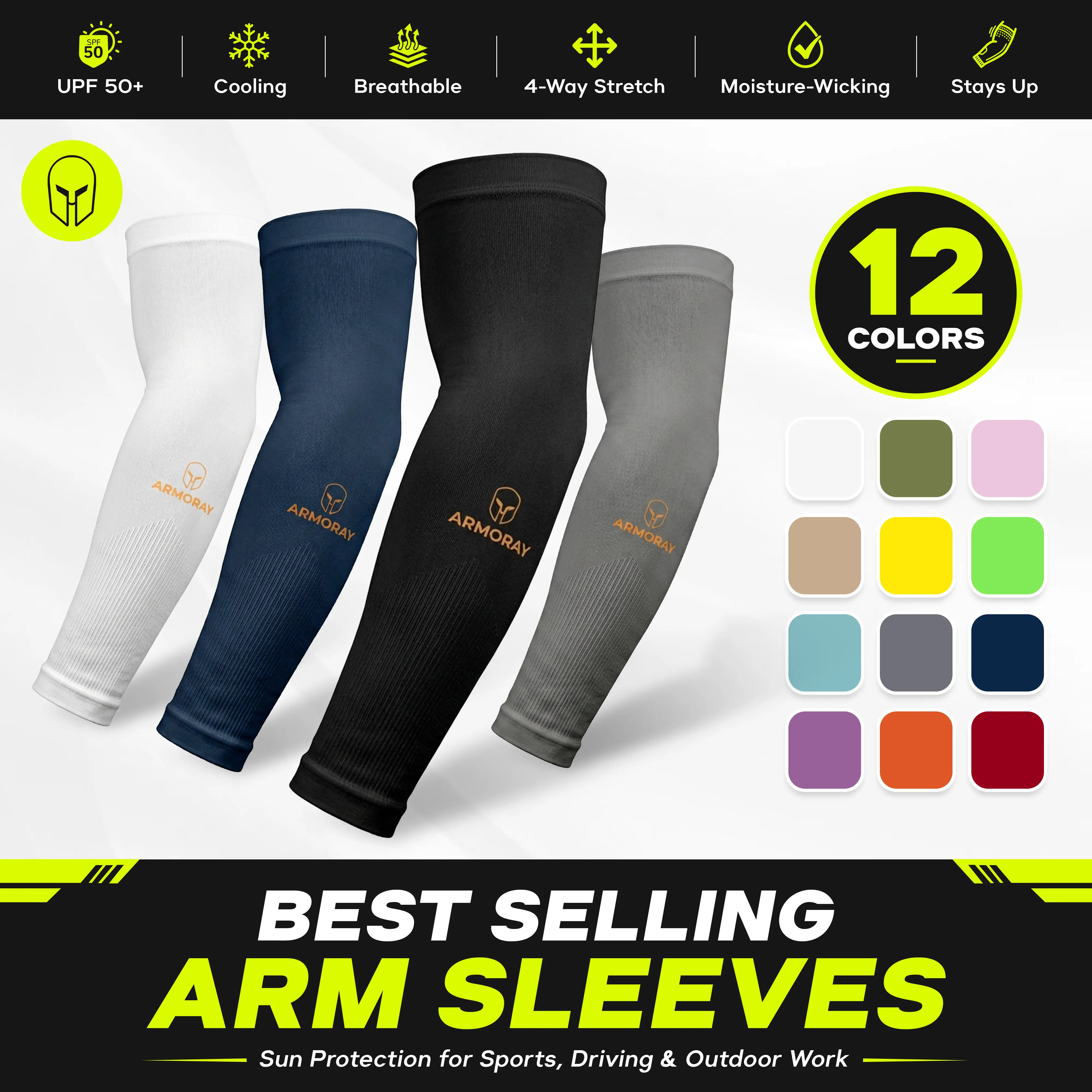 ARMORAY Arm Sleeves for Men & Women, UPF 50+ Cooling UV Protection Compression Tattoo Cover Sports Sleeves