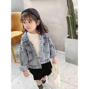 Girls' Denim Jacket NJ10101989 with Lapel Collar & Pearl Button Zipper Front Closure Solid Color Casual Playwear Outerwear Regular Fit Spring Autumn