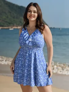 BLOOMCHIC Plus Size Tummy Control Ruffled Colorblock Floral Print Swimsuit, 2026 Summer Turn-Up Full Coverage Bathing Suit, Chlorine Resistant Swim Dress [M-6X] Mother's Day Pick 2026 Summer Vibes