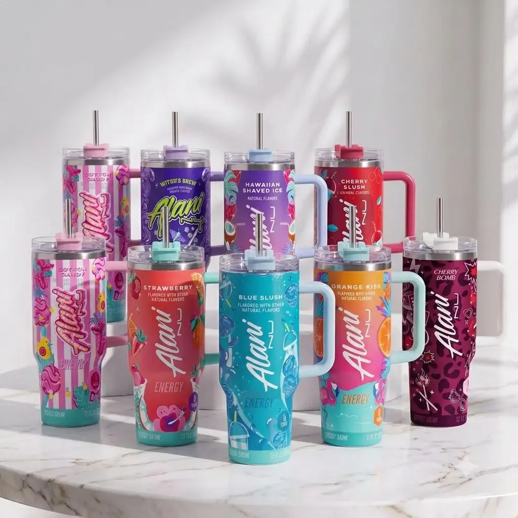 40 oz 1 pcs Alani Nu Full Color Tumbler With Handle - Witches Brew Energy Drink for Extreme Sports Athlete - Purple Cotton Candy, Hawaiian Shaved Ice, Witch's Brew Insulated Travel Mug With Straw Lid Portable Water Bottles Drinkware Reusable